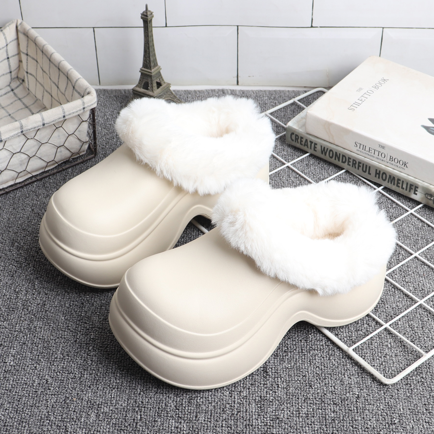 冬日简约时尚EVA加绒防水棉拖鞋女生厚底居家外穿防滑增高毛绒拖