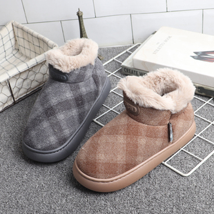 秋冬格子棉拖鞋女全包带后跟防滑保暖月子鞋居家室内中帮男棉鞋子