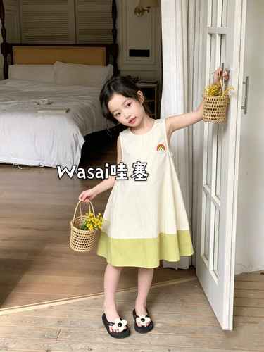 无袖背心拼色彩虹棉布连衣裙