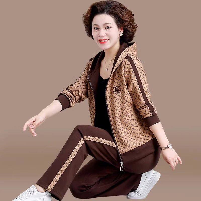 新款2025春秋运动套装印花外套时尚休闲跑步服显瘦中老年妈妈套装