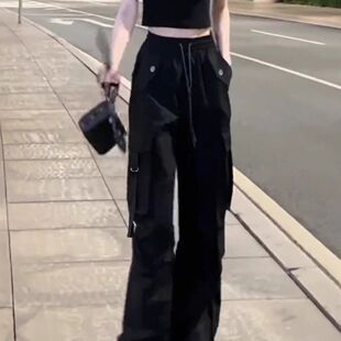 黑色工装裤女款2025新款春秋冬小个子美式复古宽松直筒登山阔腿裤
