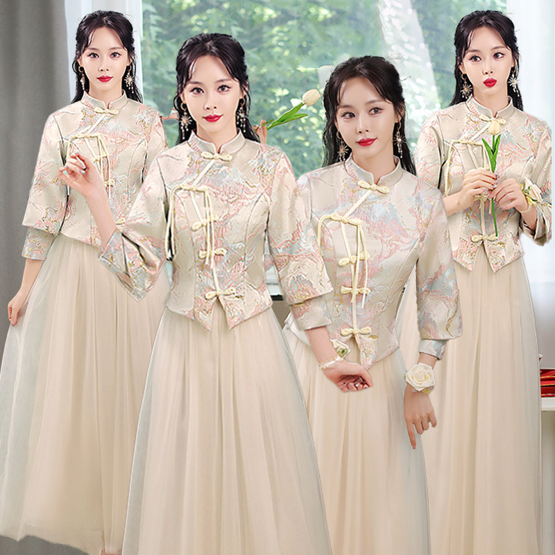 中式伴娘服女2024新款秋季姐妹团小个子礼服高级感平时可穿礼服裙