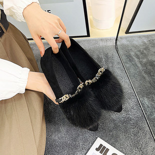 秋冬新款毛毛棉瓢鞋貂毛女鞋平底休闲豆豆鞋加绒浅口单鞋舒适棉鞋