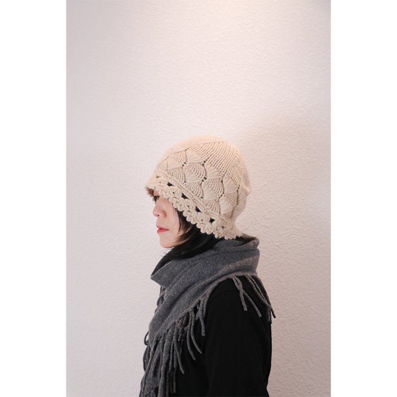 优雅手工贝壳镂空钩花羊绒针织帽