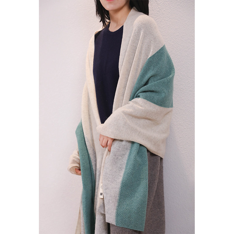 简约拼色羊绒针织围巾披肩两用