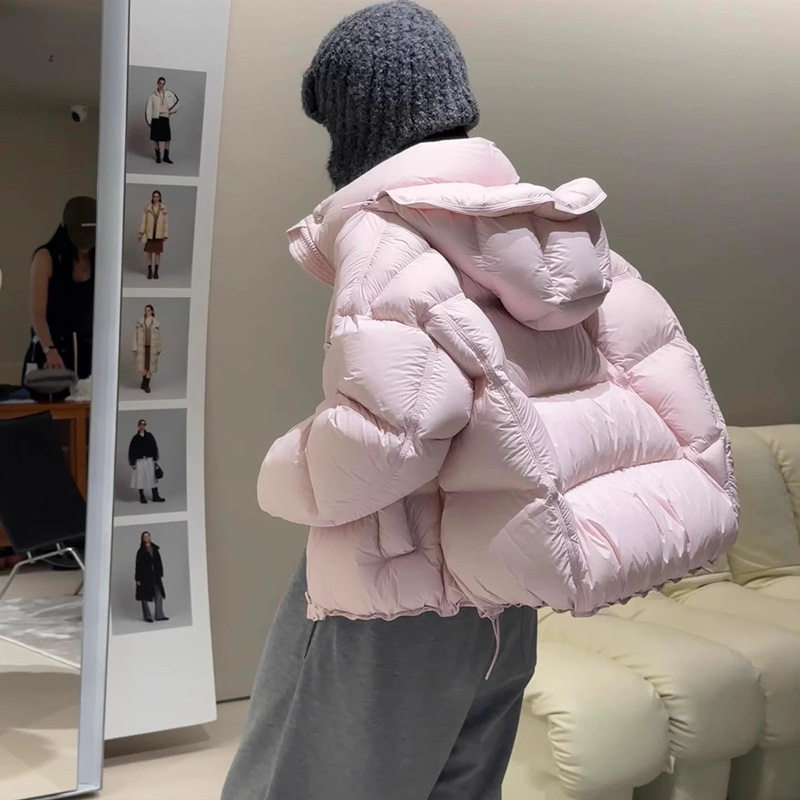 90白鸭绒羽绒服女短款2025冬新款粉色云朵泡芙连帽韩版面包服外套