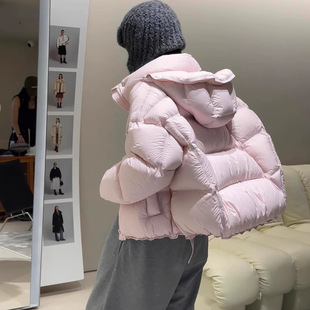 90白鸭绒羽绒服女短款2025冬新款粉色云朵泡芙连帽韩版面包服外套