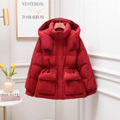 新款 红色羽绒服女中款 2025冬装 小个子加厚宽松收腰连帽大口袋外套