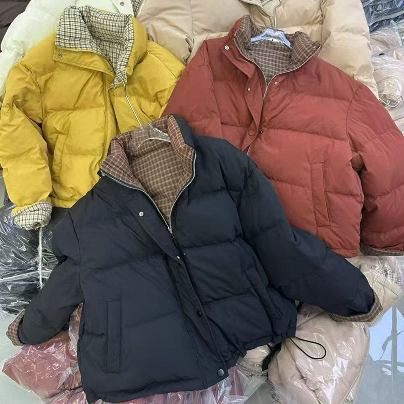 双面穿羽绒服女短款格子拼接