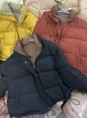 双面穿羽绒服女短款格子拼接2025冬季新款宽松加厚两面穿撞色外套