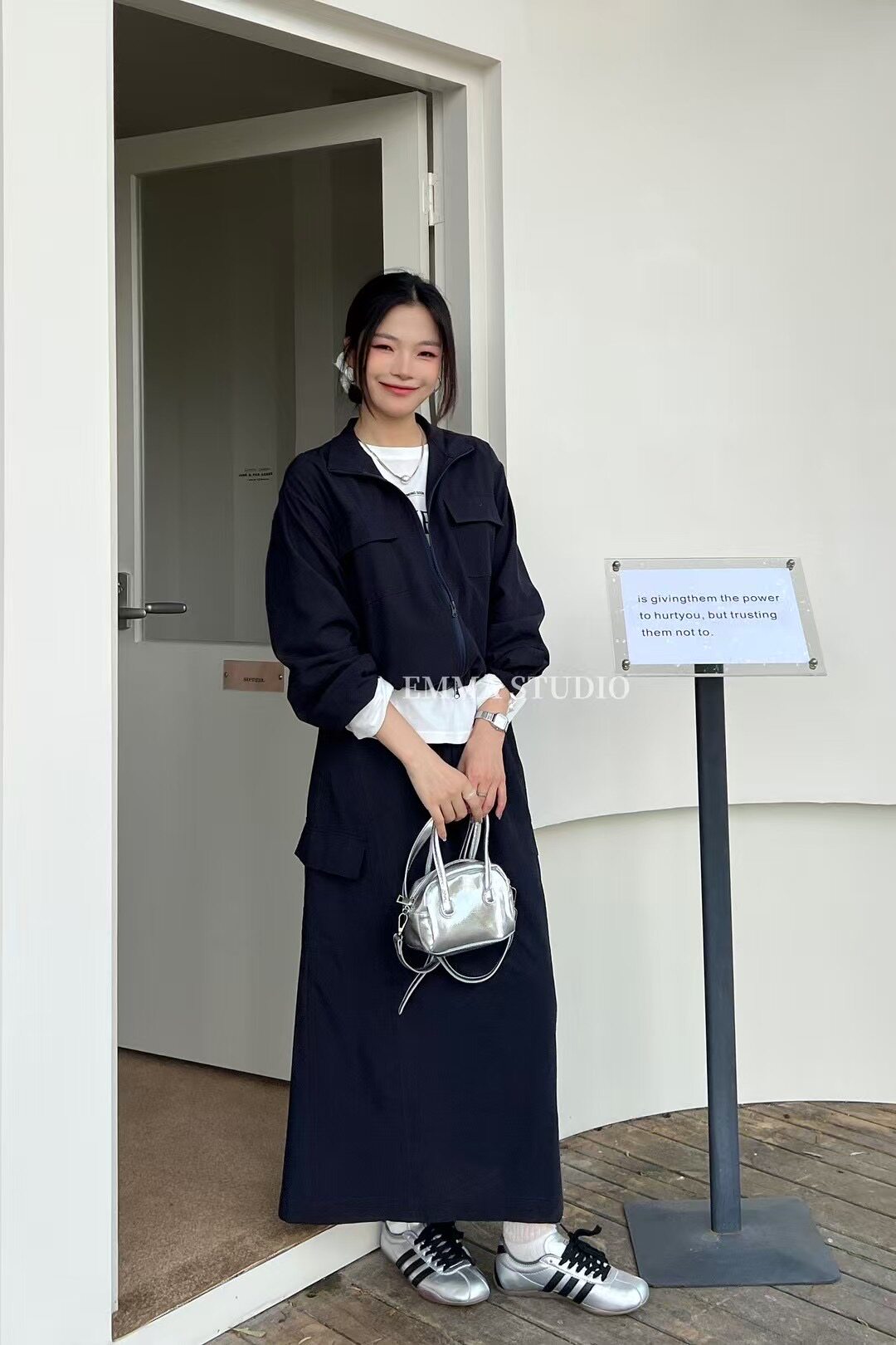EMMA 2025秋季新款韩版工装风双拉链长袖外套女+高腰中长裙套装