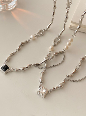 巴洛克珍珠黑白色锆石项链