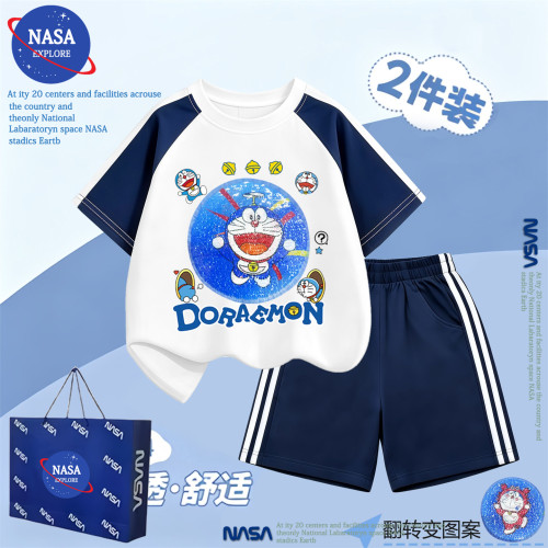 NASA儿童夏季卡通亮片哆啦A梦男童纯棉短袖裤子休闲运动两件套装