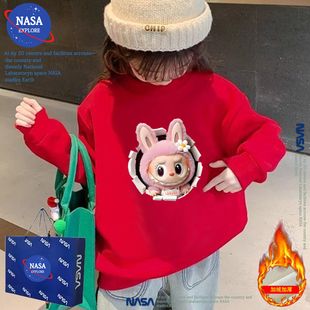 NASA拉布布女童加绒卫衣秋冬季保暖韩版时髦红色新年服儿童装上衣