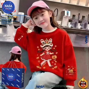 NASA女童红色新年装卡通印花加绒加厚休闲马年卫衣冬季假两件上衣