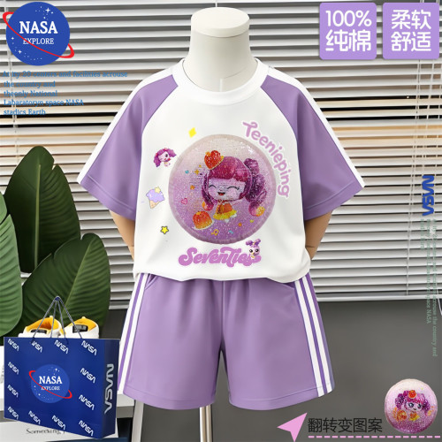 NASA女童夏季短袖短裤休闲女宝宝卡通奇妙萌可纯棉T恤两件套装潮