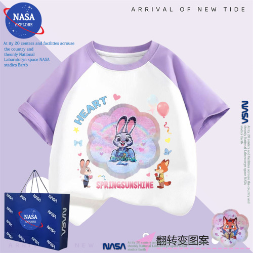 NASA女童疯狂动物城纯棉变色亮片短袖t恤2026夏季朱迪尼克上衣服