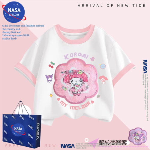 NASA女童美乐蒂可变图案亮片纯棉短袖t恤夏季女孩库洛米变色上衣