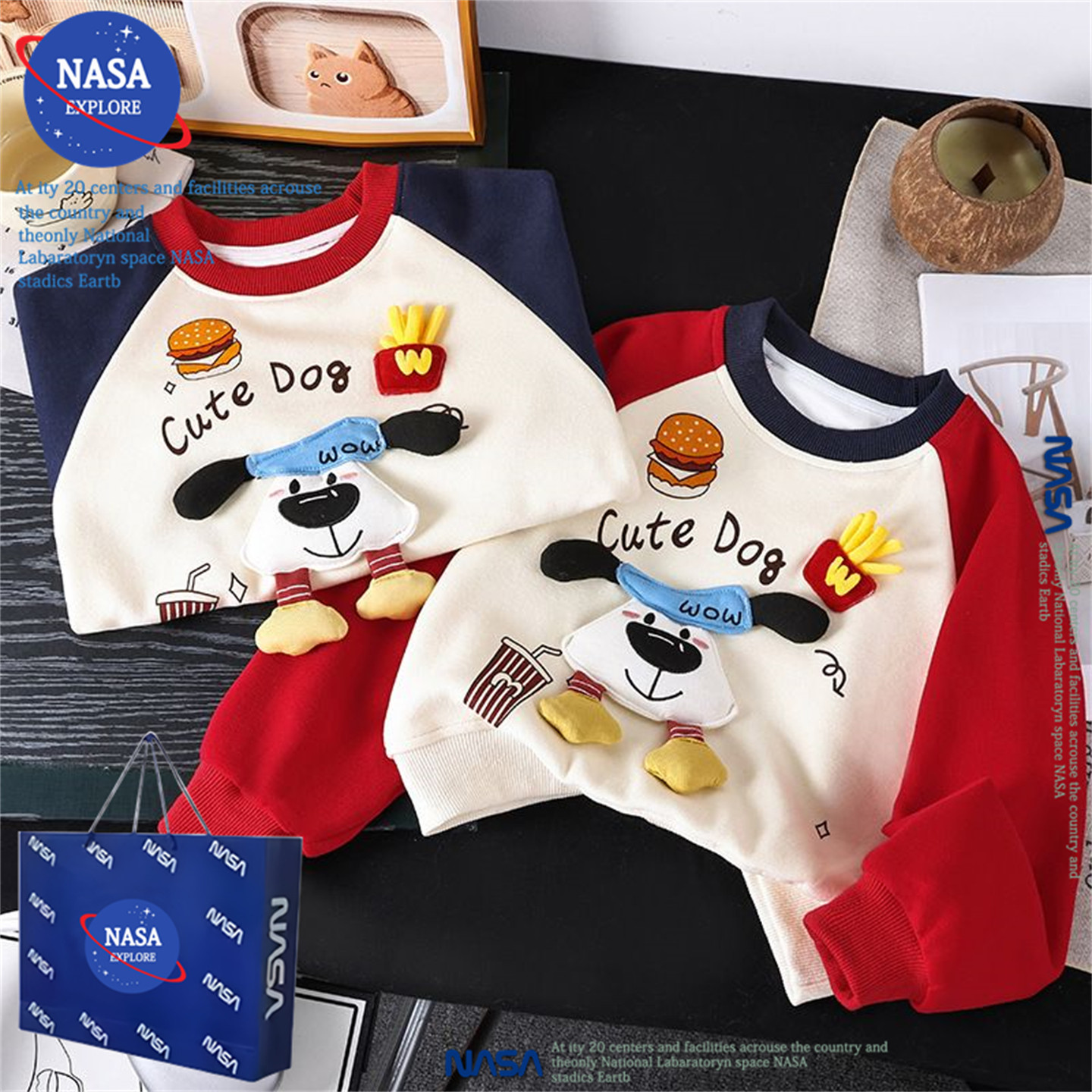NASA儿童装卫衣春秋冬季新款洋气酷酷小狗立体公仔玩偶男女童上衣