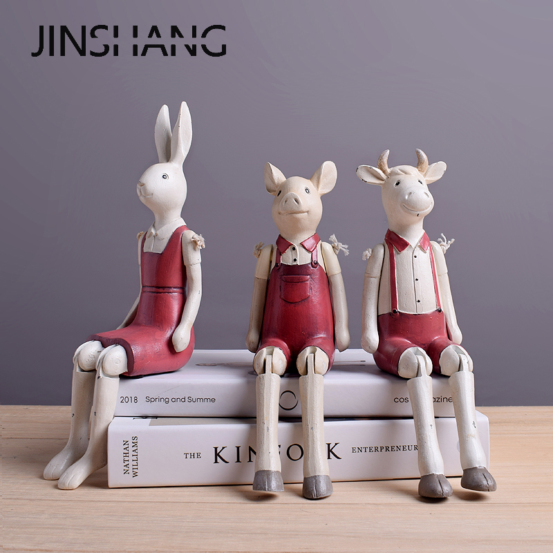 美式乡村木偶生肖动物猪牛羊兔子关节可爱吊脚娃娃桌边摆件英伦风