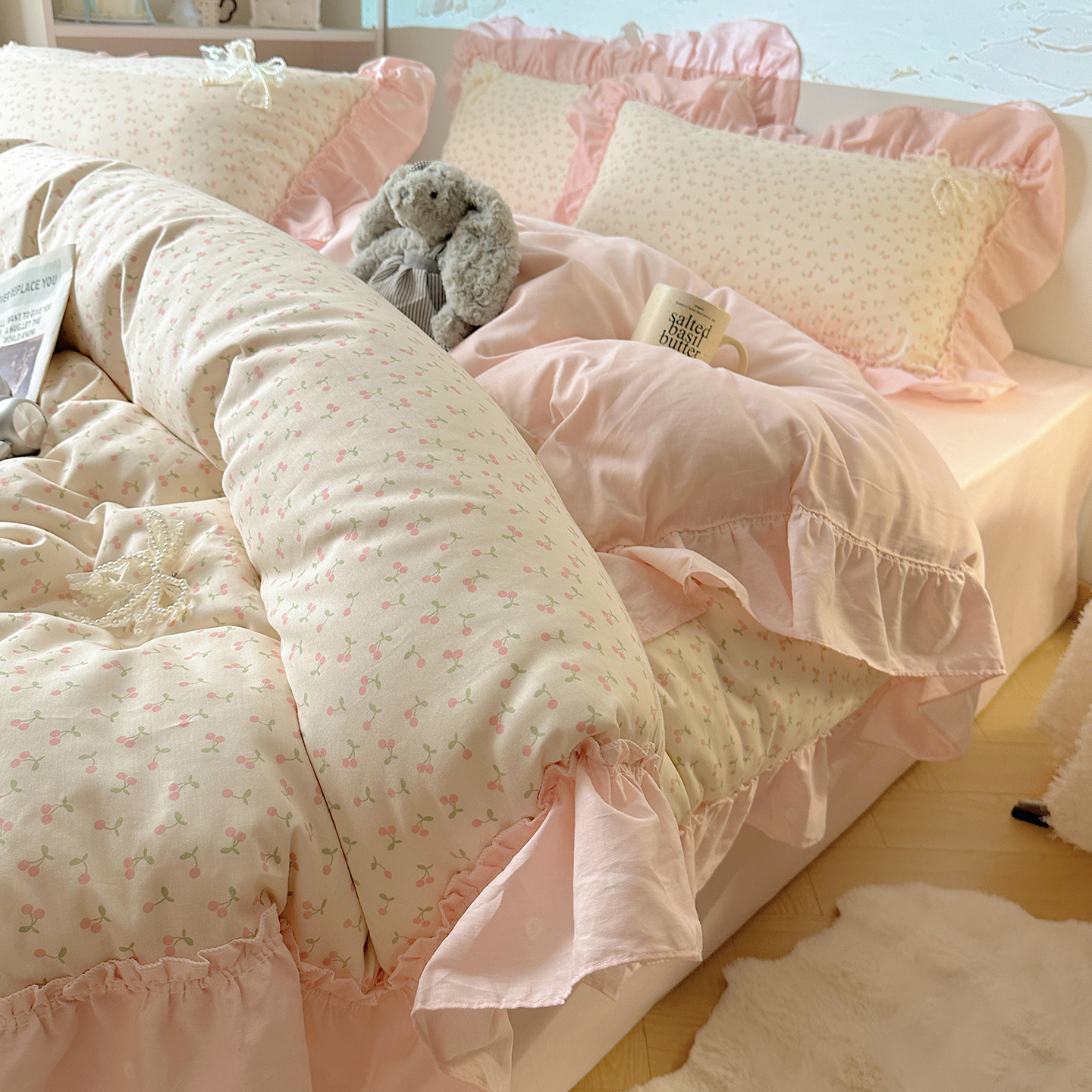 韩式粉樱桃全棉花边床上四件套100纯棉少女心被套床笠床单三件套4