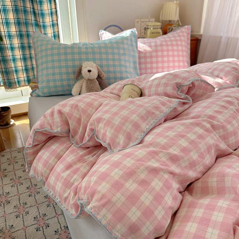 A类韩式奶油撞色格子纯棉水洗棉四件套100全棉简约被套床单三件套
