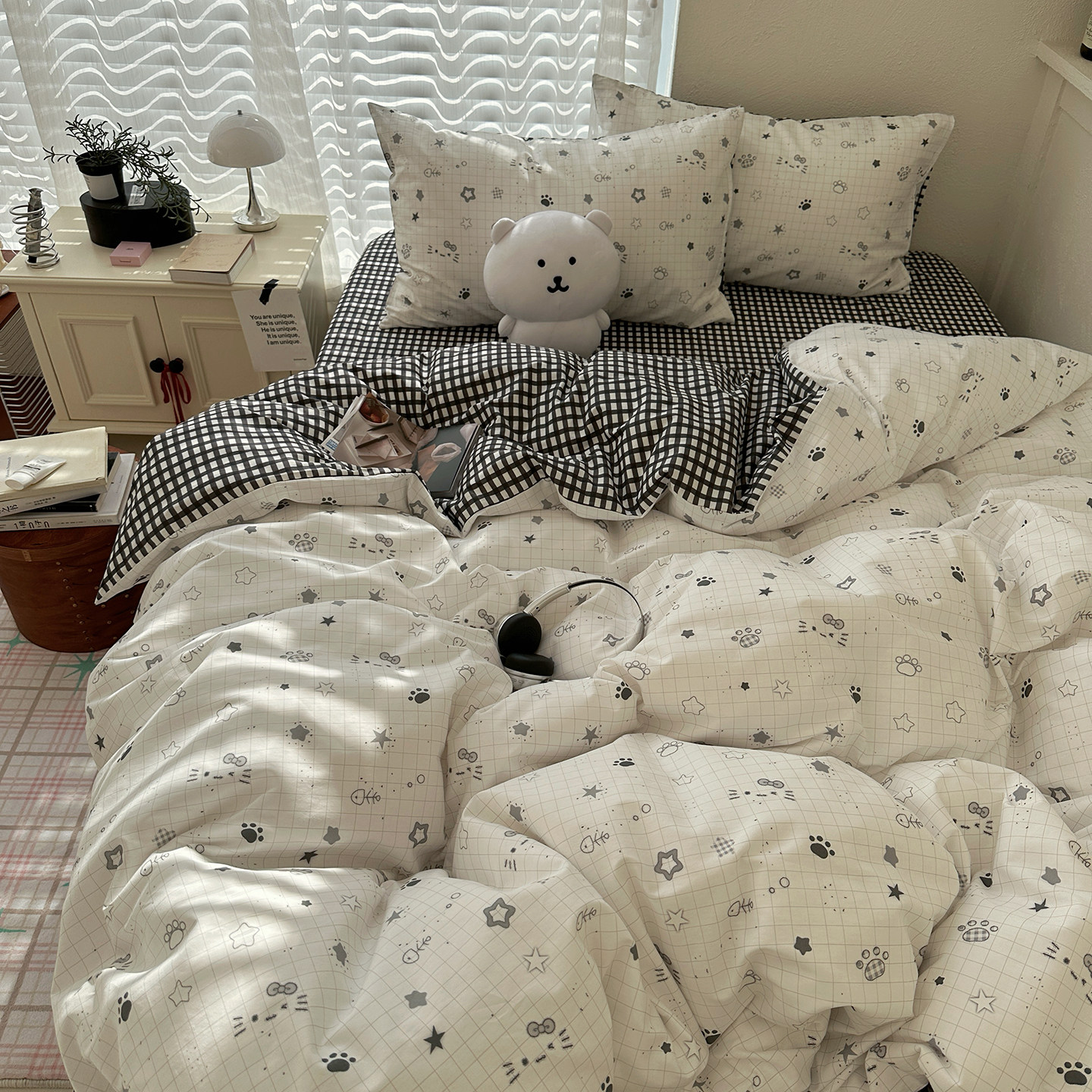 ins黑白格小猫纯棉四件套100全棉可爱卡通被套床单三件套床上用品