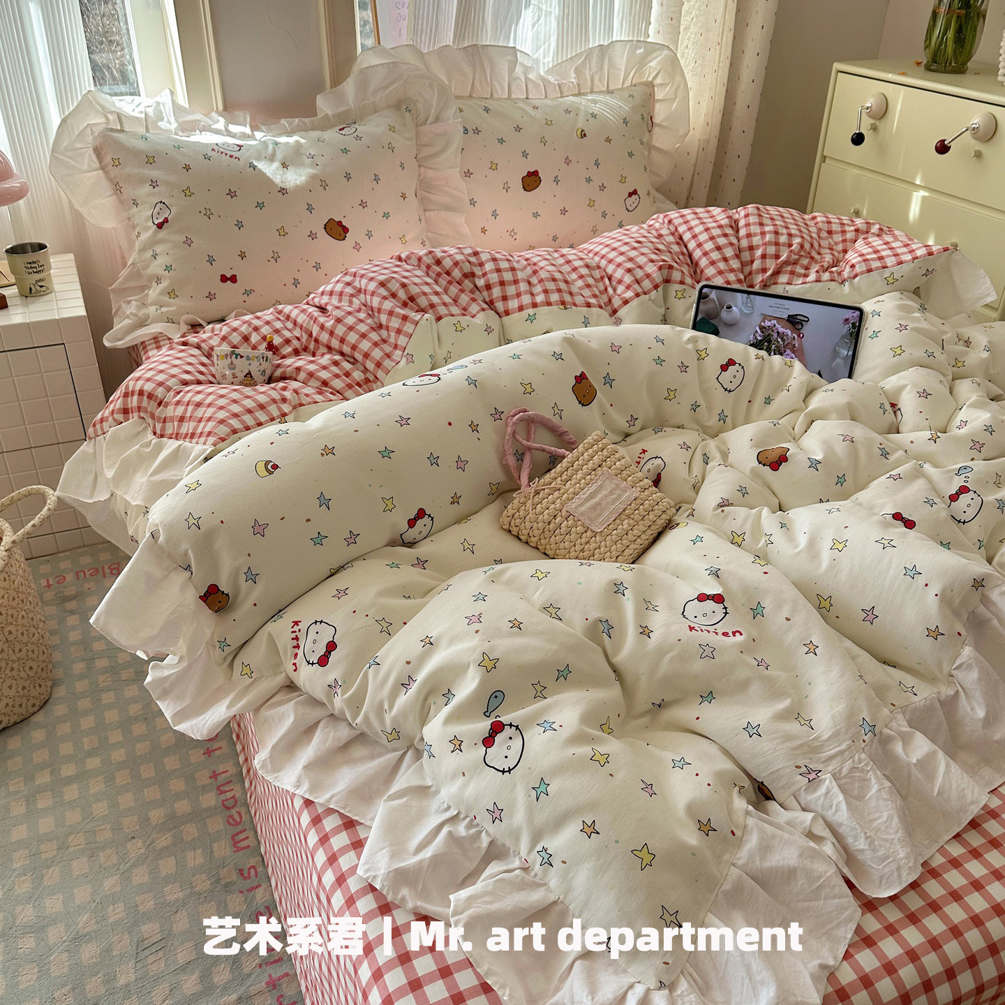 小清新可爱猫咪花边纯棉纯色四件套全棉少女心卡通被套床单三件套