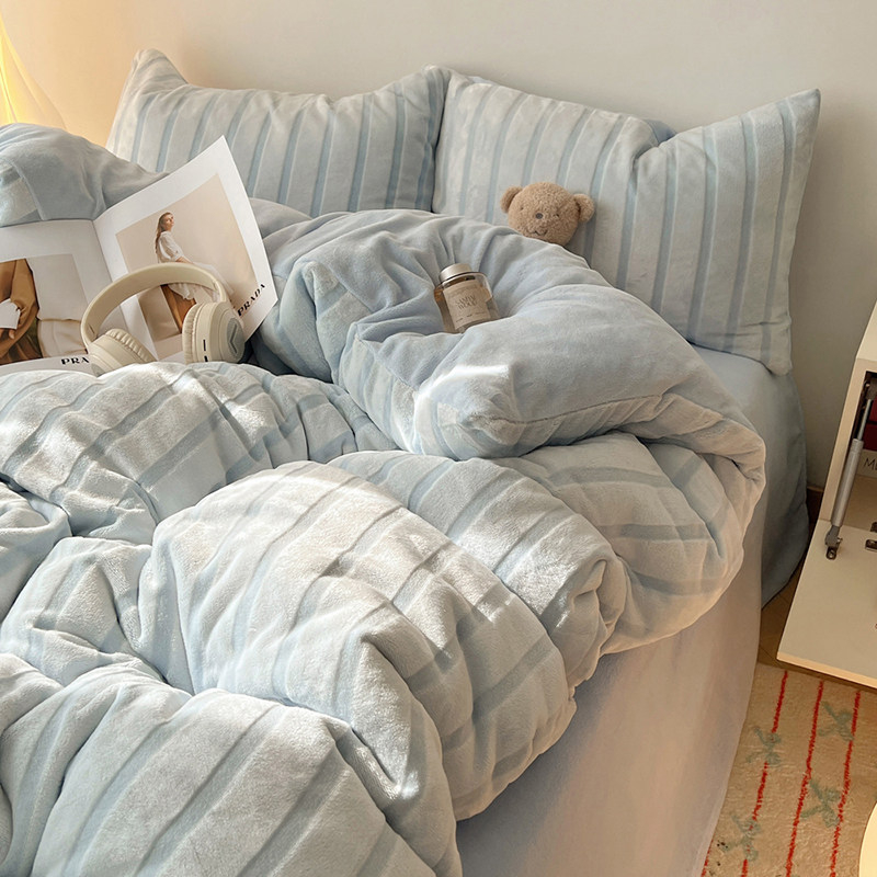 秋冬简约条纹牛奶绒床上四件套保暖加厚双面珊瑚绒被套床单三件套,床上用品,床品套件/四件套/多件套,淘宝优惠券,粉丝福利购,淘宝优惠卷
