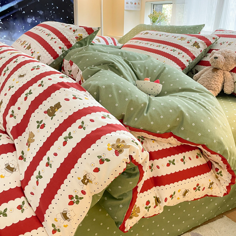 小清新草莓熊纯棉四件套全棉 田园风被套床单宿舍三件套床上用品4