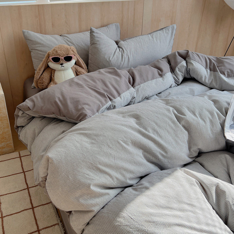 简约细条纹纯棉水洗棉四件套全棉被套床笠床单宿舍三件套床上用品