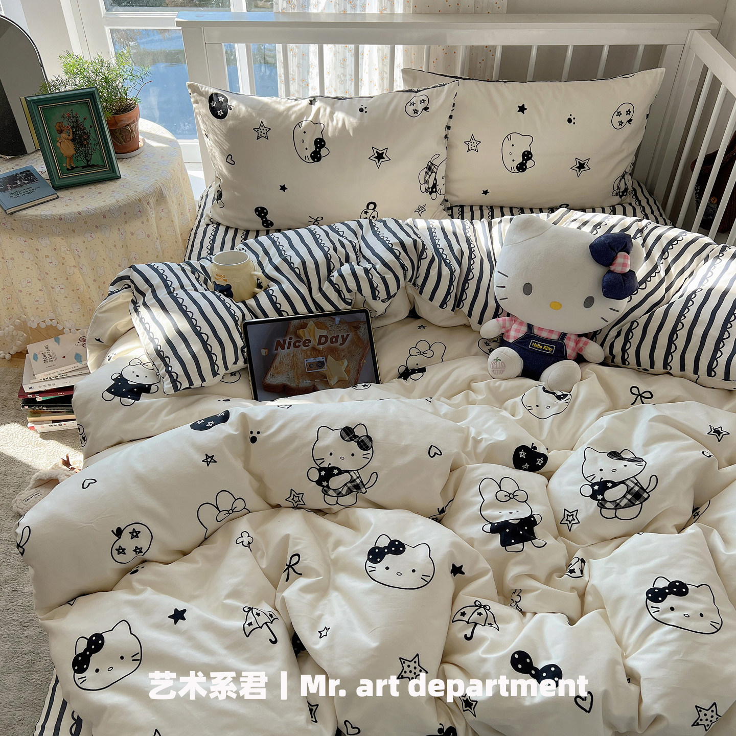 条纹黑白猫咪纯棉床上四件套100全棉2026新款卡通被套床单三件套4