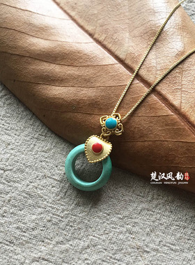 超美可爱甜甜圈高瓷矿蓝白松石指环吊坠跑环锁骨链平安扣圆环项链