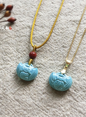 高瓷矿蓝松石雕刻小蝙蝠福在眼前吊坠锁骨链男女款精致礼物项链