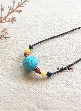 高瓷矿蓝松回纹珠锁骨链项链男女款送友人礼品高档手工精编16 18m