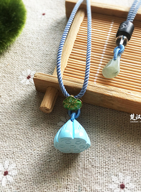 莲系列高瓷矿蓝白松石雕刻小莲蓬吊坠锁骨链项链女款手工挂绳