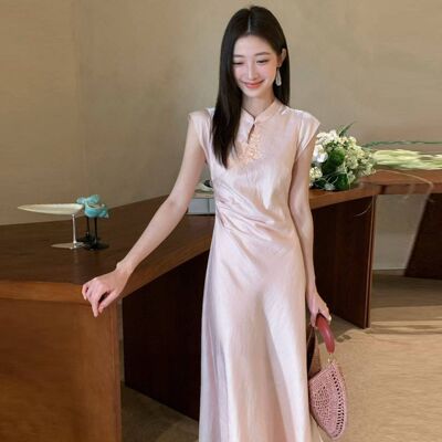 东方|时尚【天丝+醋酸】新中式缎面立领捏褶收腰刺绣连衣裙22937