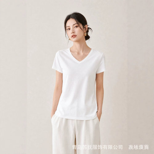 100%针织纯汉麻女士V领短袖ZZHM011