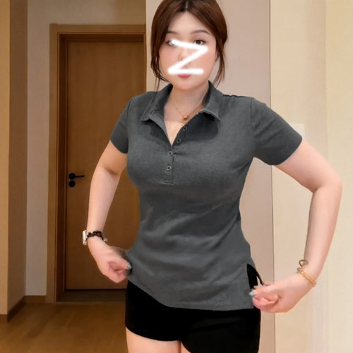 大码女装polo领灰色掐腰正肩短袖T恤夏胖mm显瘦开叉小上衣纯棉T
