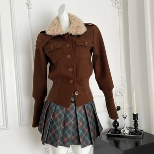 女神轻奢两件套裙子高级感复古金属扣毛领呢子外套格子短裙半裙子