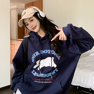 大码 可爱印花宽松型加绒上衣甜妹外套 秋冬天加厚连帽卫衣胖MM女装