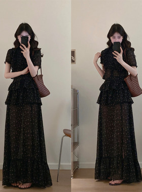 高级感微胖mm碎花小衫开叉半身裙大码套装减龄时尚洋气显瘦两件套