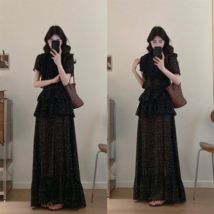 高级感微胖mm碎花小衫开叉半身裙大码套装减龄时尚洋气显瘦两件套