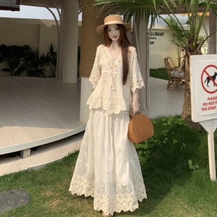 大码夏裙子二件套装波西米亚风镂空钩花上衣+仙女蕾丝半身长裙子