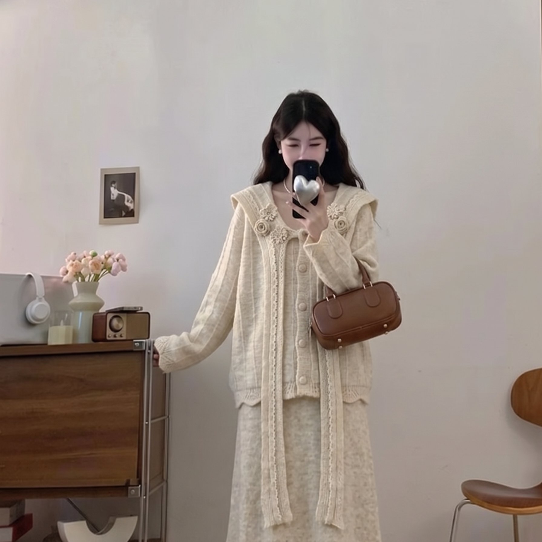 大码秋冬法式蕾丝拼接海军领针织上衣开衫毛衣+半身长裙子二件套图片