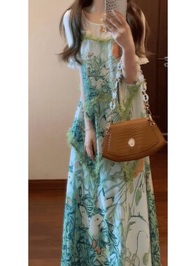 女神独特漂亮连衣裙夏季蕾丝短袖假二件琉璃翠印花蛋糕休闲长裙子