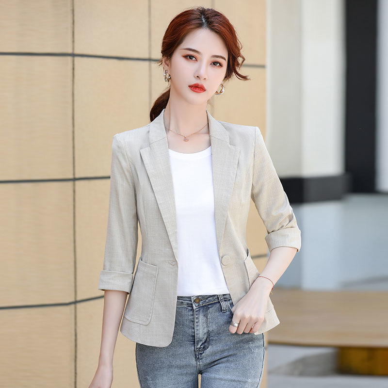 大码短装小西装外套女夏季薄款休闲短款小个子七分袖亚麻中袖西服