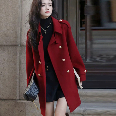 大码冬毛呢大衣女神宽松高个子长款呢子外套新年战袍复古呢金扣闪