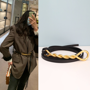 ins风麻花扣打结细腰带连衣裙收腰真皮皮带装饰大衣外套衬衫西装