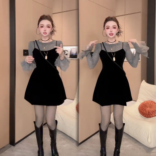 时尚套装女2026秋冬新款法式丝绒吊带连衣裙喇叭袖烫钻打底两件套